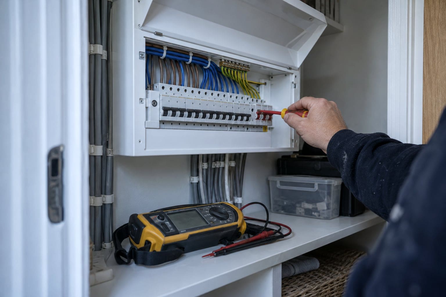 New consumer unit with neatly dressed cables being fitted in a hallway cupboard