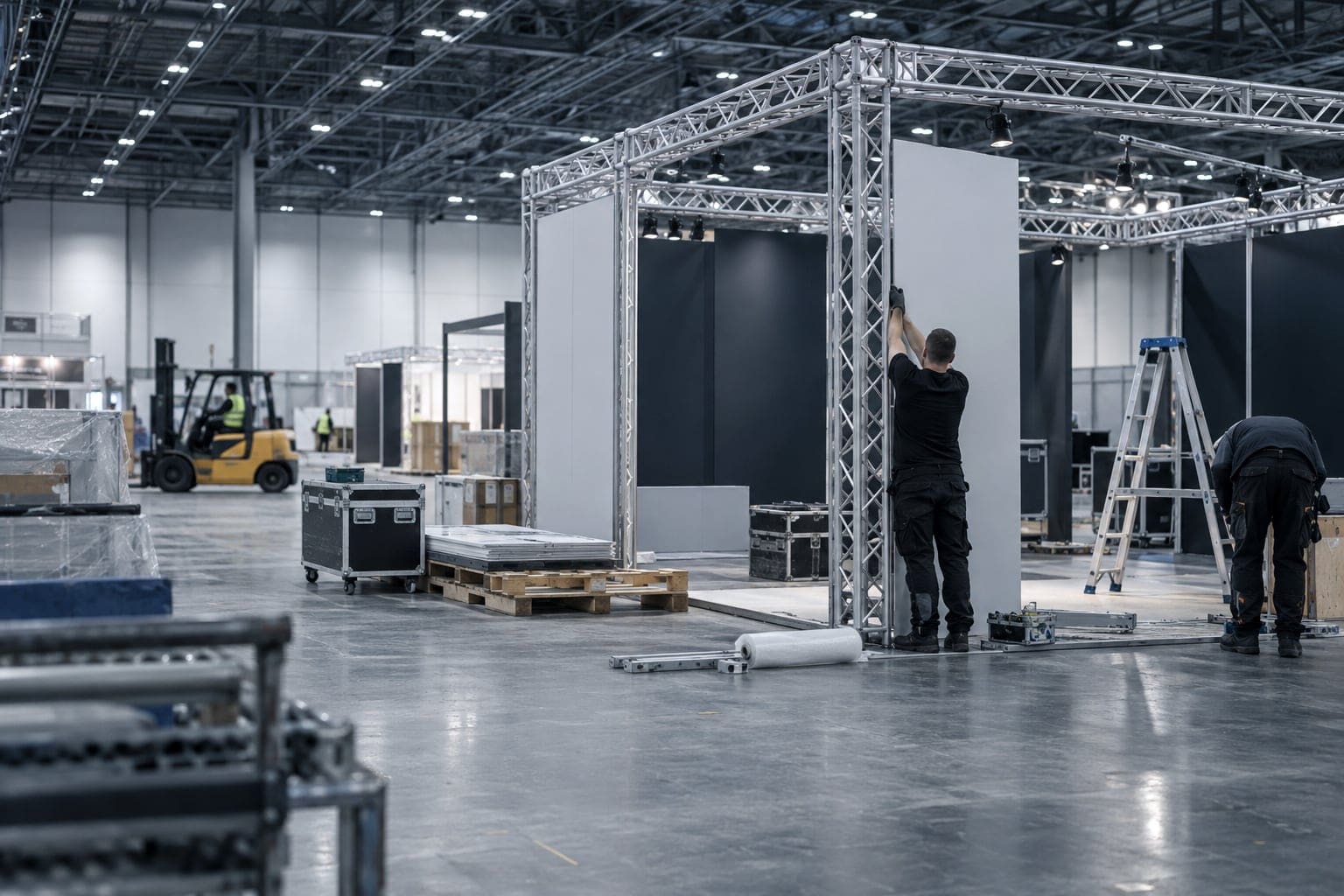 Crew assembling a modular exhibition stand in a large hall during build-up