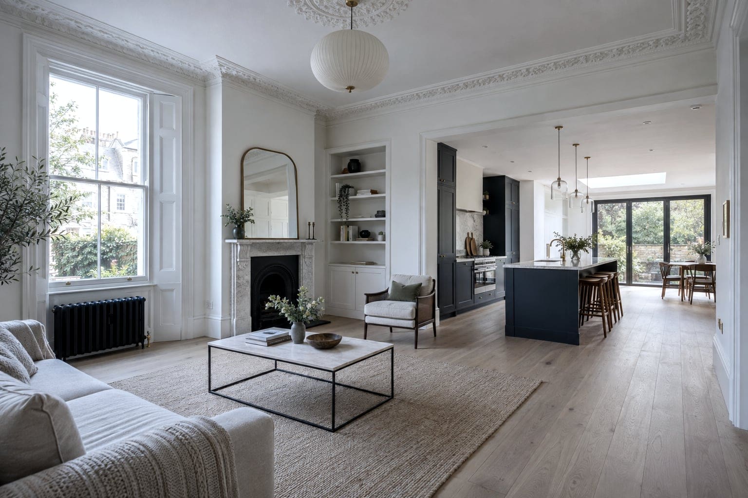 Refurbished Victorian ground floor opened into a new navy kitchen, with oak flooring and restored cornicing