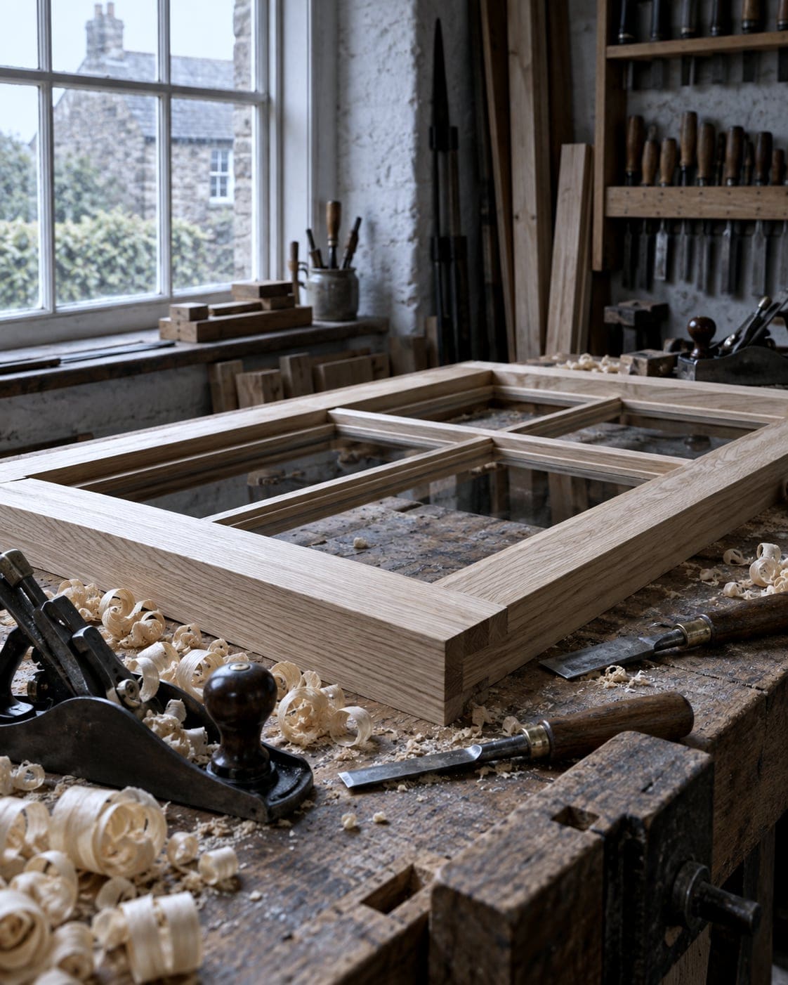 Timber sash window frame on a joinery bench with hand planes and shavings