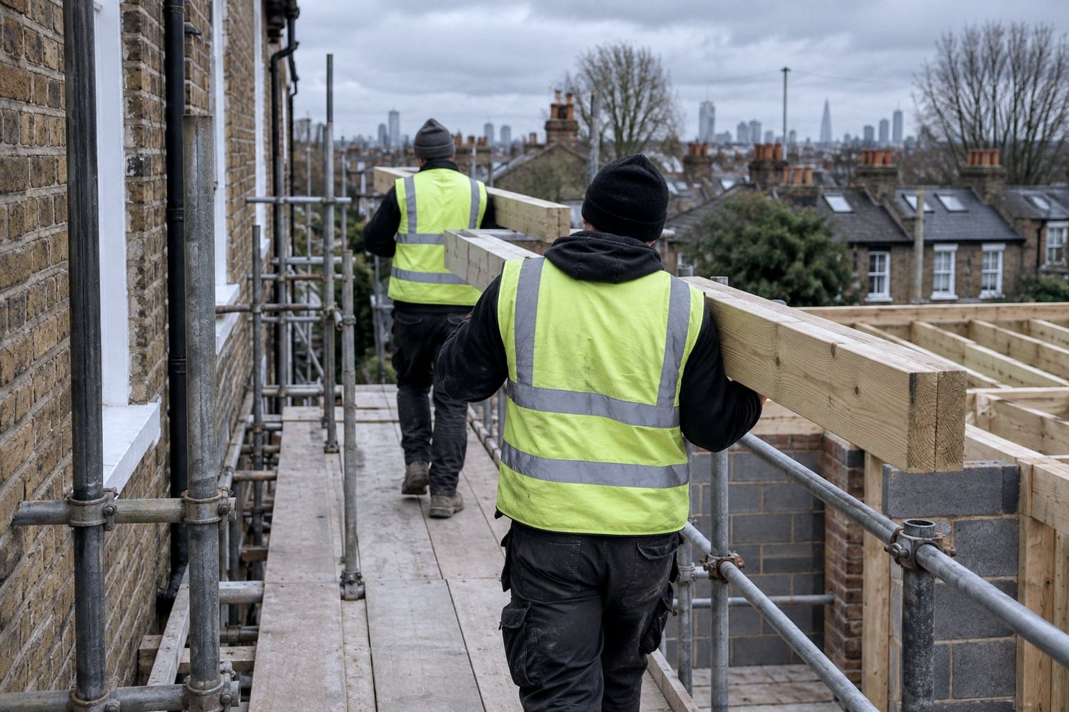 Site operatives carrying timber joists along scaffolding beside London stock brick
