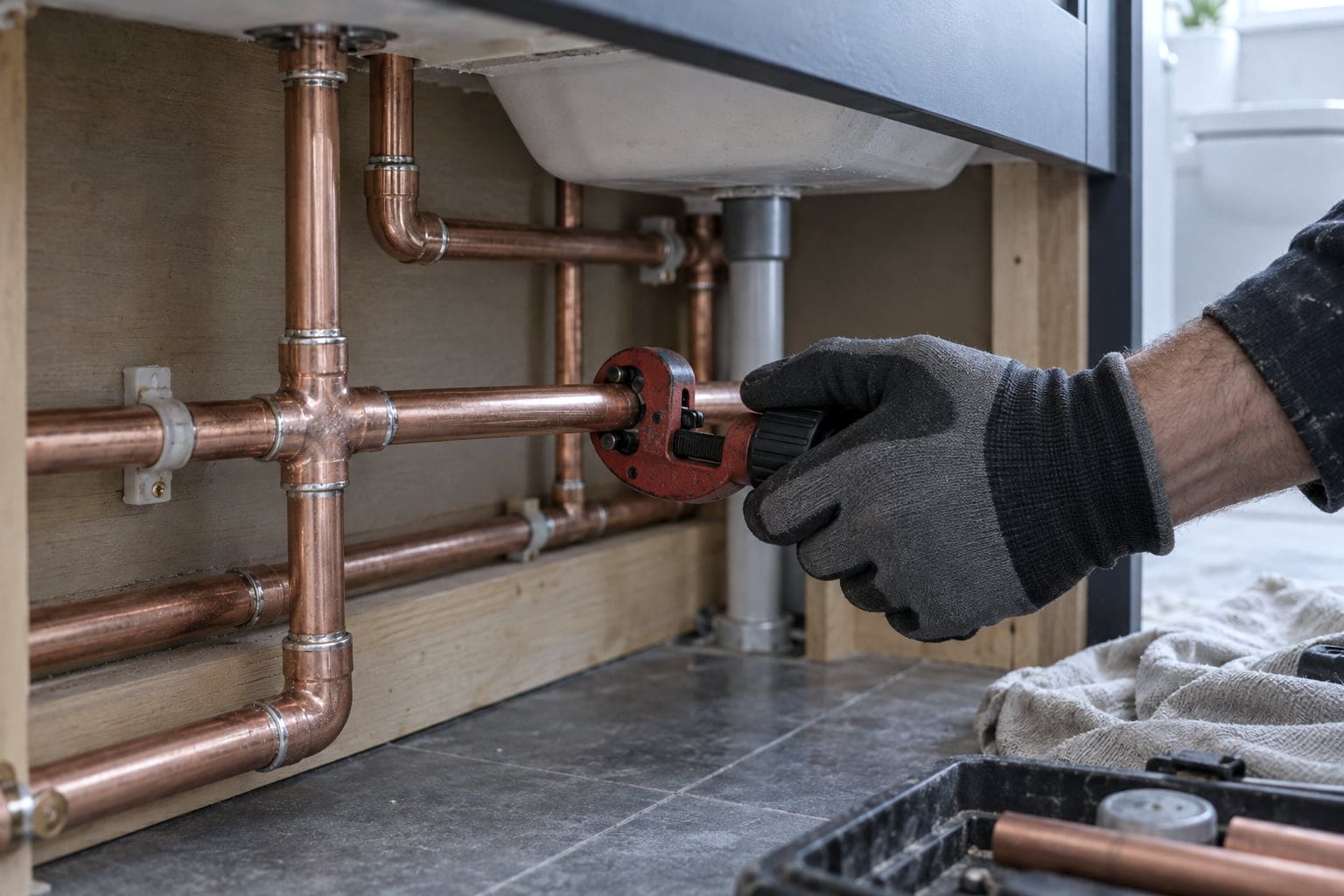 Plumber cutting new copper pipework beneath a bathroom vanity