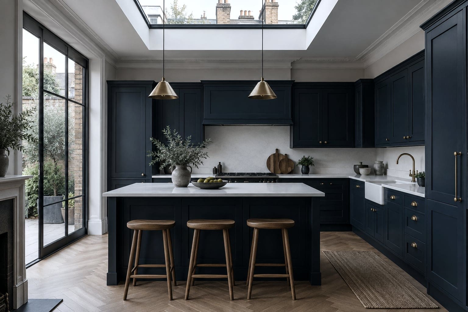 New navy shaker kitchen beneath a rooflight in a renovated period home
