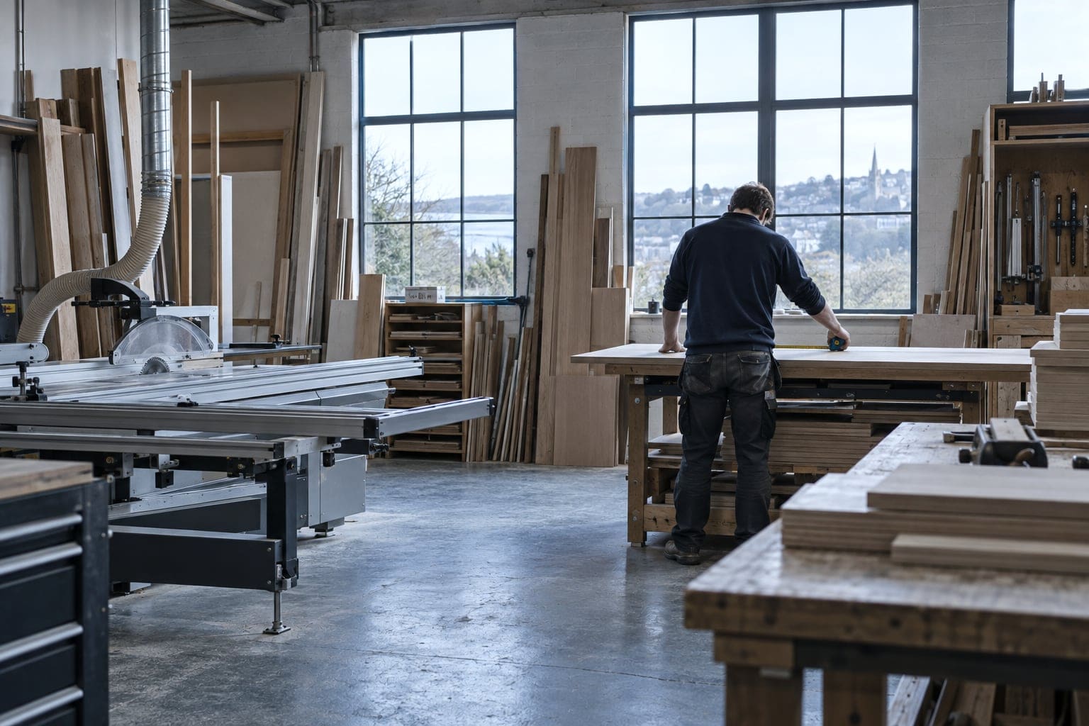 Joiner measuring a board in a tidy joinery workshop with stacked timber